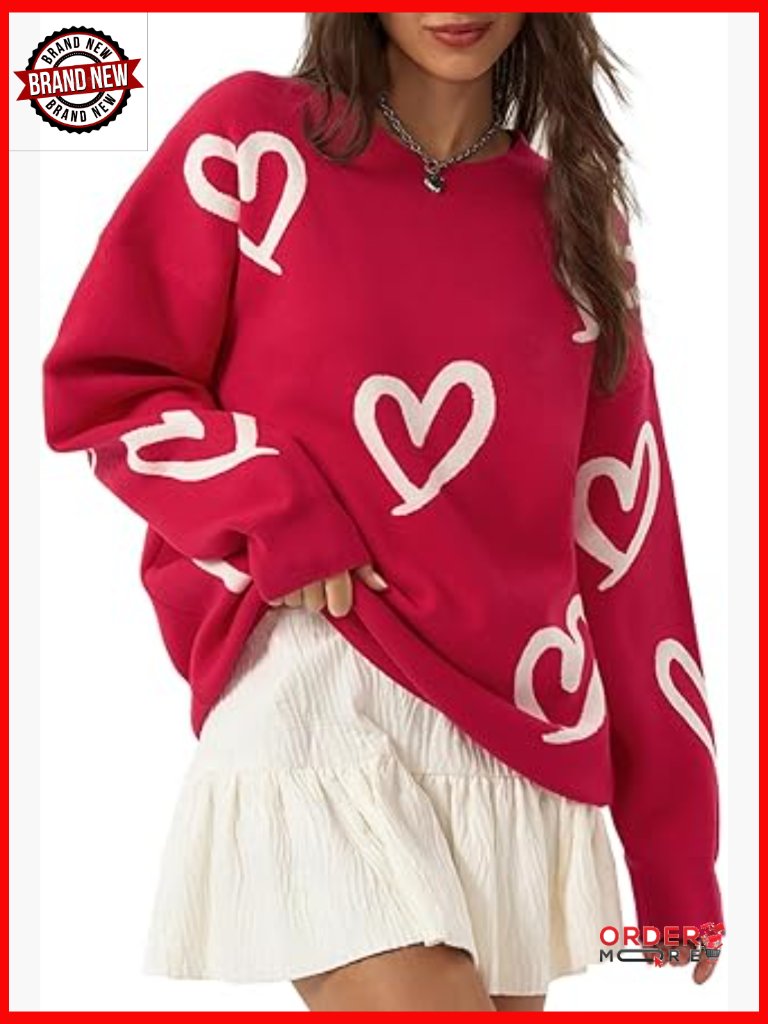 Oversized Heart Sweater Crew Neck Long Sleeve Knit Pullover Cute Valentine's